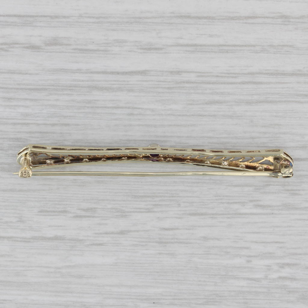 Gray Art Deco Amethyst Bar Pin 14k Gold Platinum Filigree Brooch