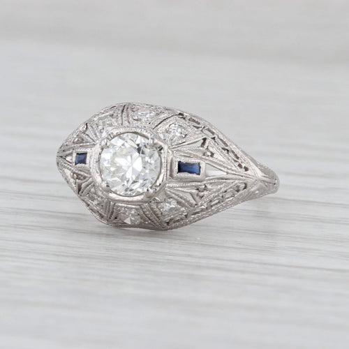 Art Deco 0.47ctw Old European Diamond Lab Sapphire Engagement Ring Platinum