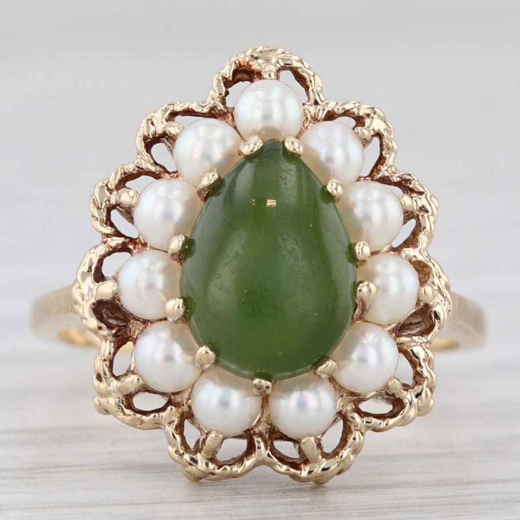 Light Gray Green Nephrite Jade Cultured Pearl Halo Teardrop Ring 10k Yellow Gold Size 6.25