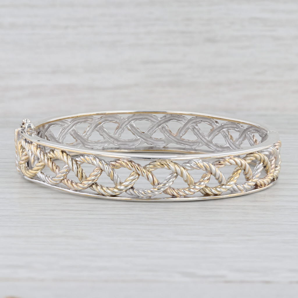 Light Gray Woven Rope Bangle Bracelet Sterling Silver Gold Plated 7.25" 11.8mm