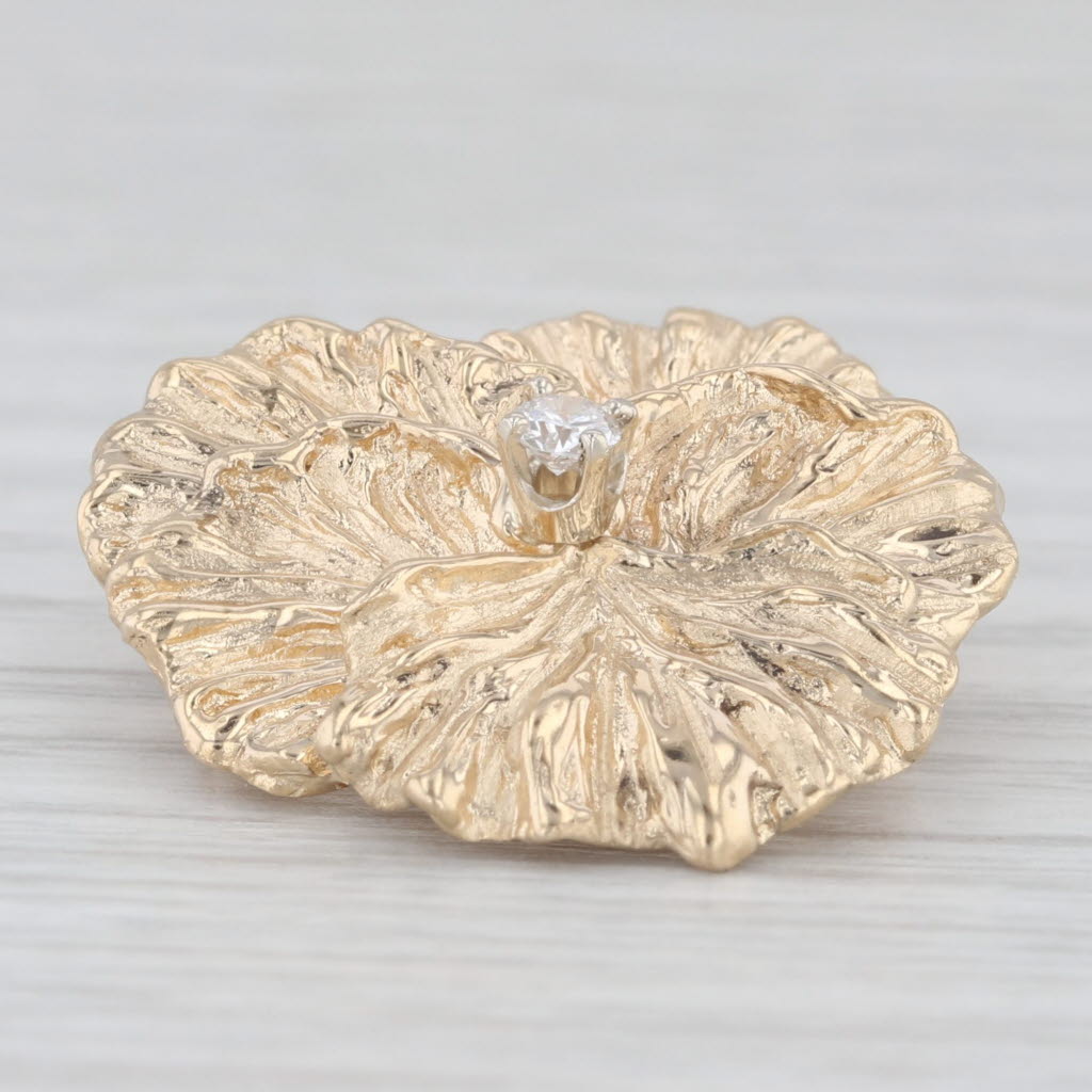 Light Gray 0.10ct Diamond Flower Brooch 14k Yellow Gold Floral Pin