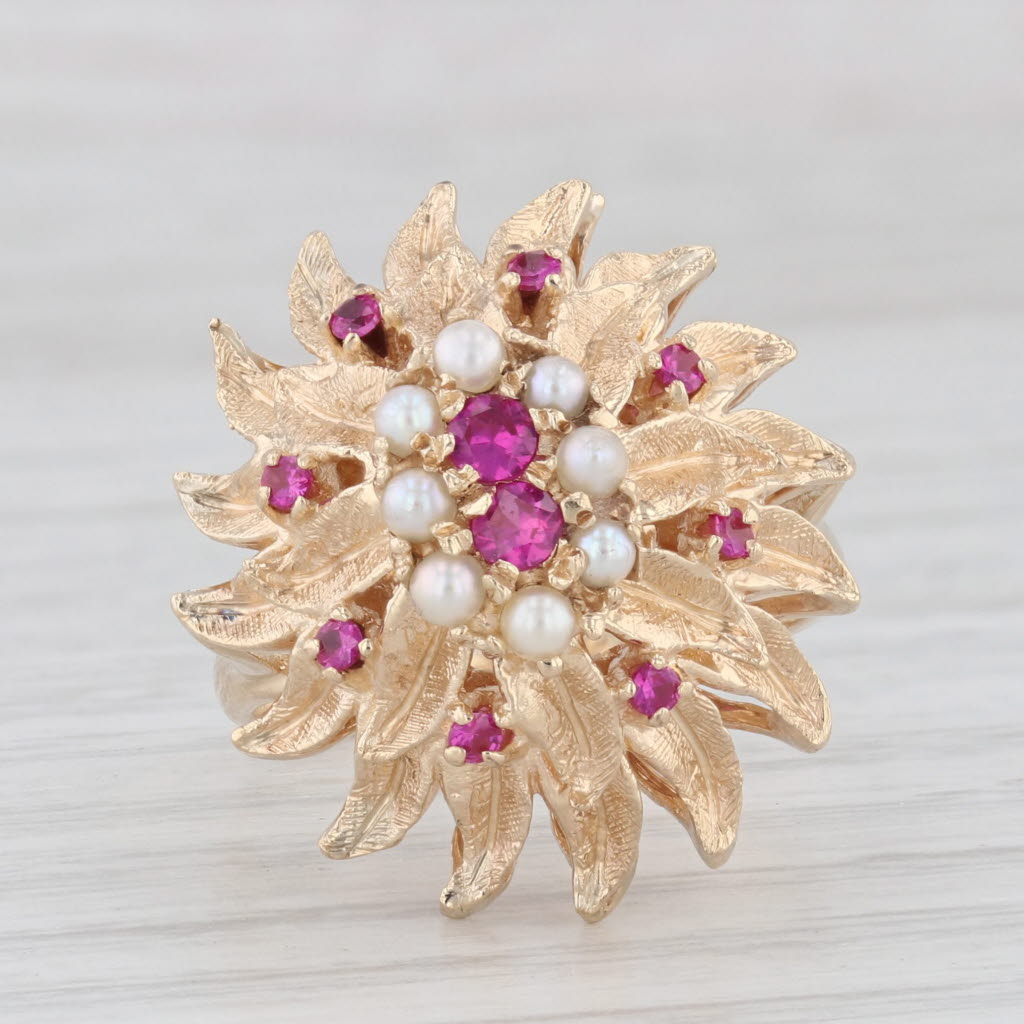 Light Gray Vintage Cultured Pearl Lab Created Ruby Flower Ring 14k Yellow Gold Cocktail