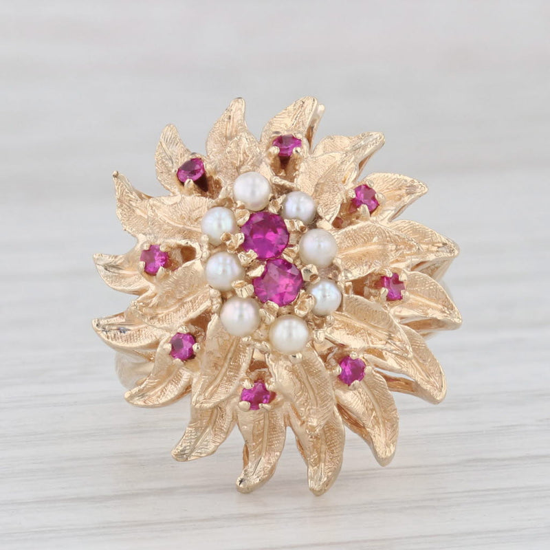 Vintage Cultured Pearl Lab Created Ruby Flower Ring 14k Yellow Gold Cocktail