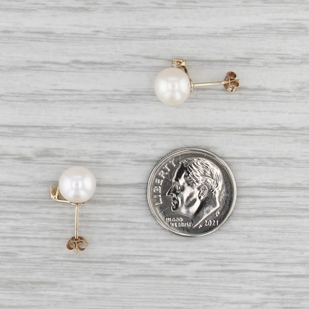 Cultured Pearl Diamond Stud Earrings 14k Yellow Gold 7.3-7.4mm Studs
