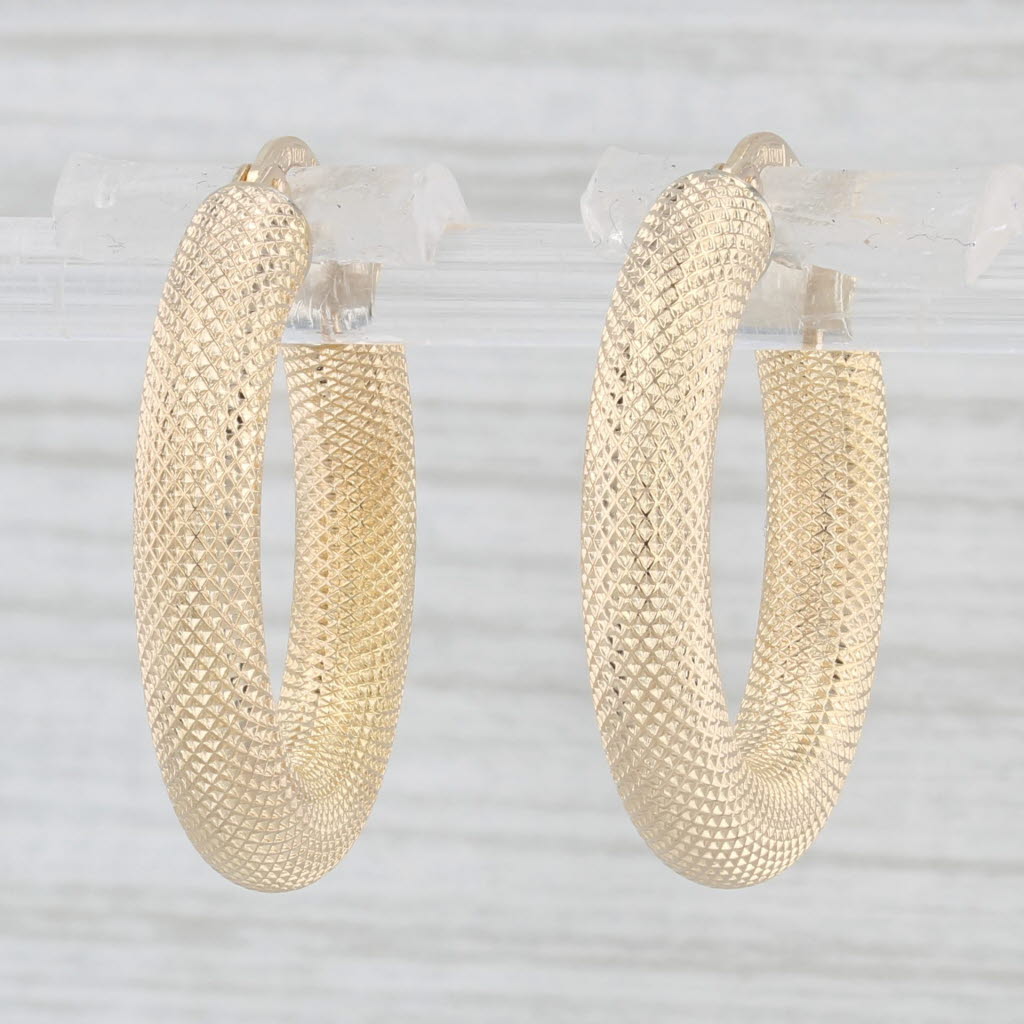 Light Gray Textured Hoop Earrings 14k Yellow Gold Snap Top Round Hoops