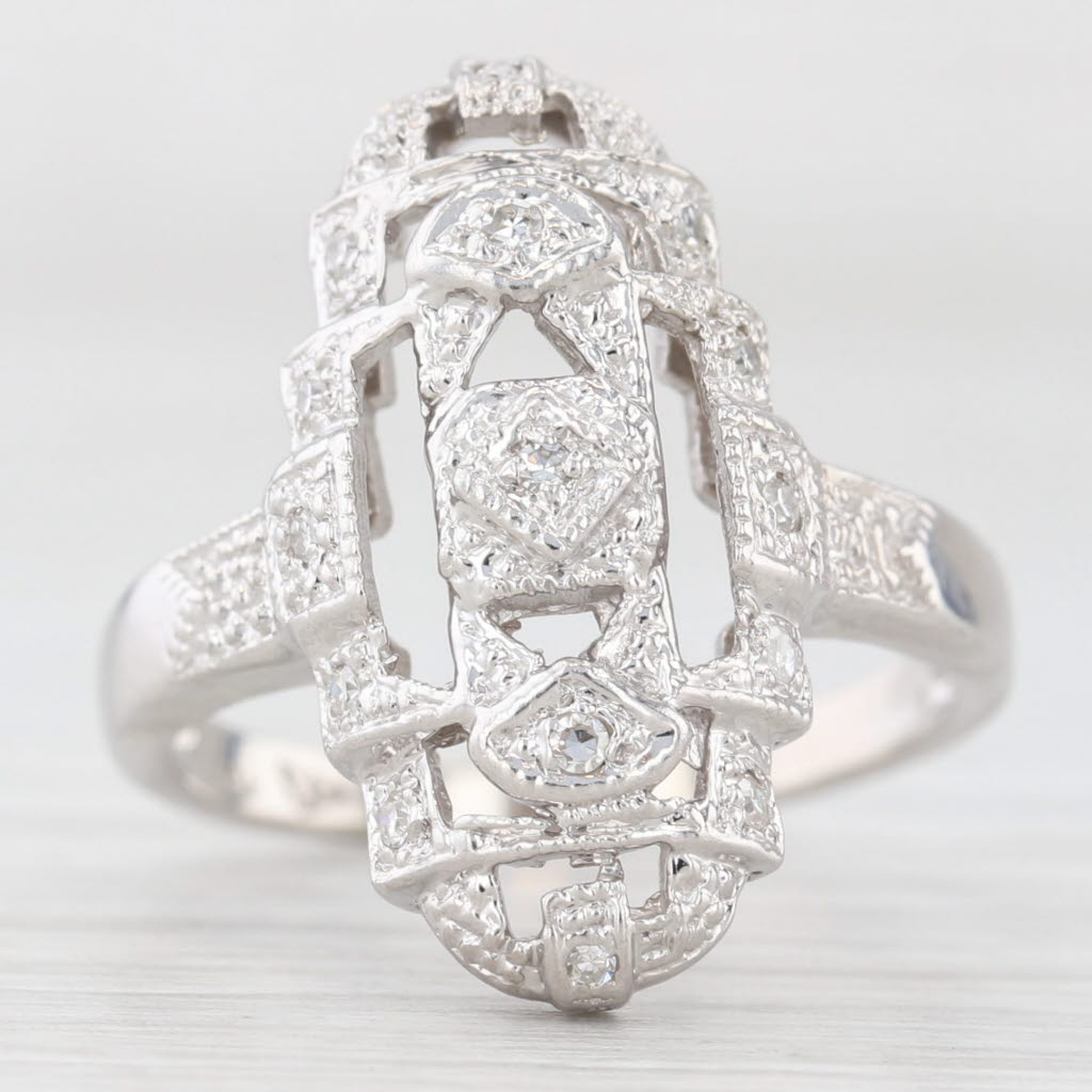 Light Gray Vintage Diamond Openwork Ring 14k White Gold Size 5.5