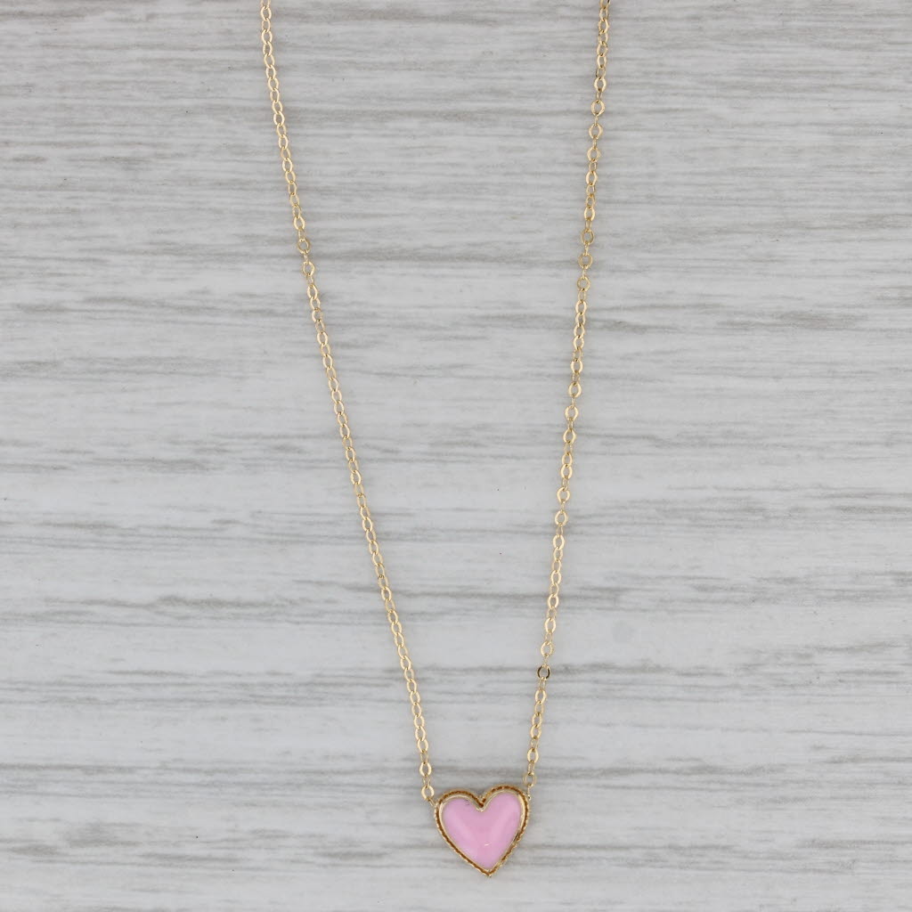 Gray Pink Enamel Heart Pendant Necklace 16" 18" Cable Chain 14k Yellow Gold