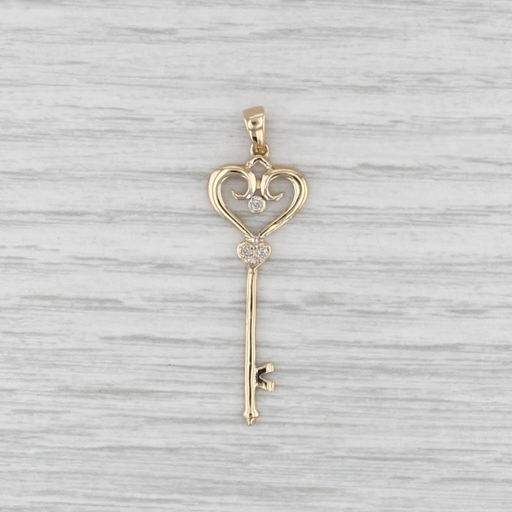 Diamond Accented Heart Skeleton Key Pendant 14k Yellow Gold