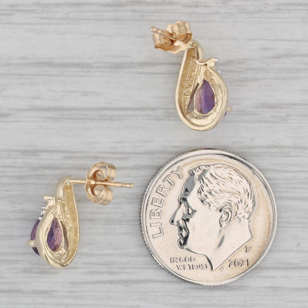 Gray 0.75ctw Amethyst Teardrop Stud Earrings 10k Yellow Gold Diamond Accents