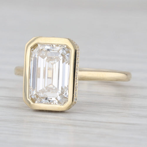 New IGI 3.30ctw Bezel Set Emerald Cut Lab Grown Diamond Engagement Ring 14k Gold