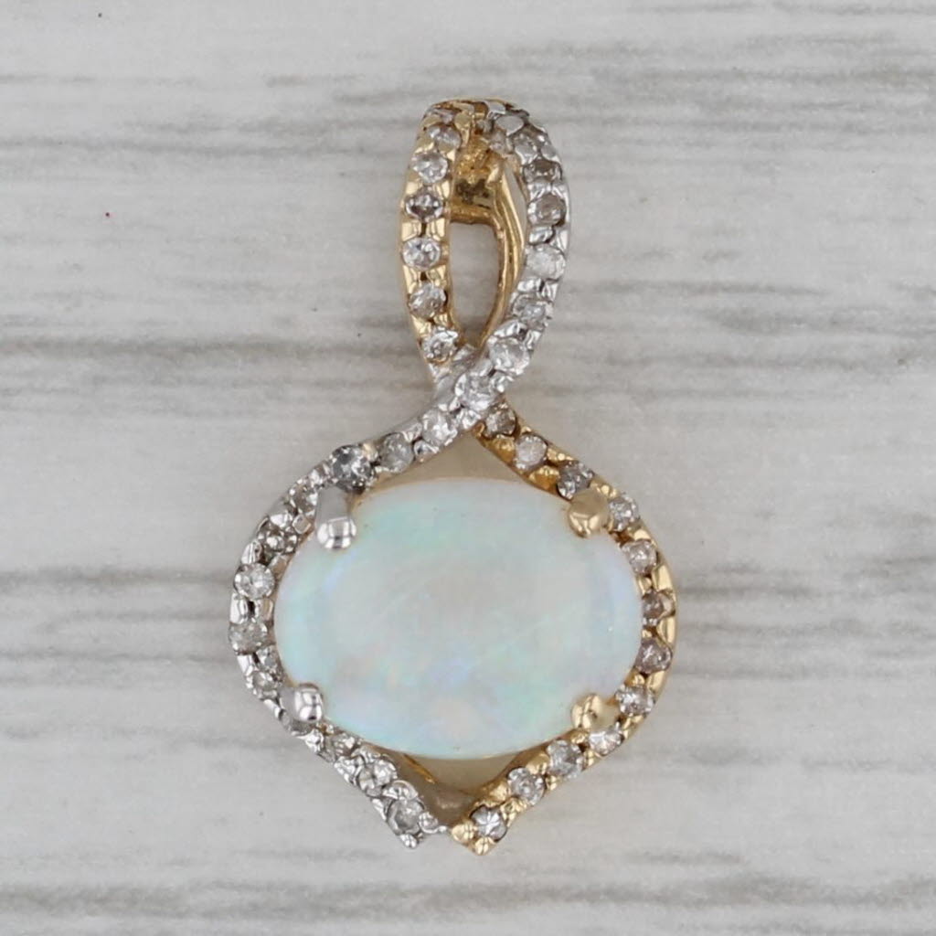 Gray Opal Diamond Drop Pendant 14k Yellow Gold Oval Cabochon