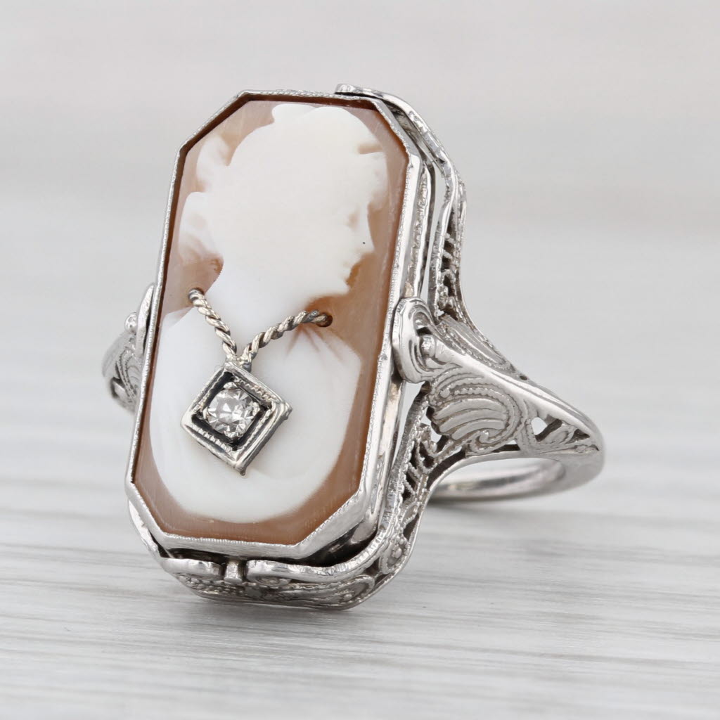 Vintage Carved Shell Cameo Diamond Onyx Signet Flip Ring 14k White Gold Size 5.5