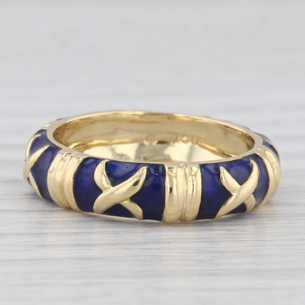 Light Gray Stackable Blue Enamel X Pattern Ring 18k Yellow Gold Band