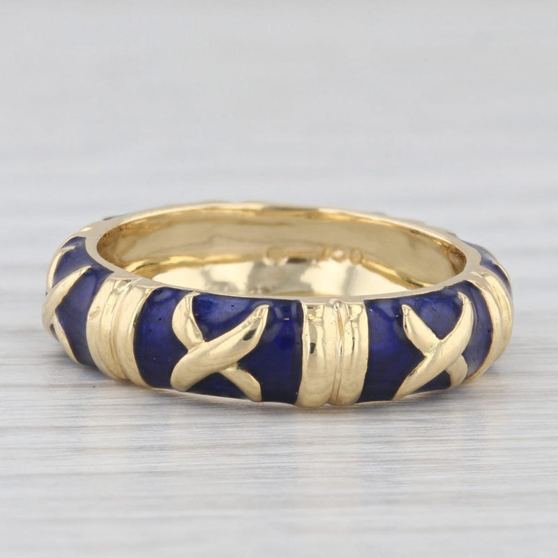 Stackable Blue Enamel X Pattern Ring 18k Yellow Gold Band