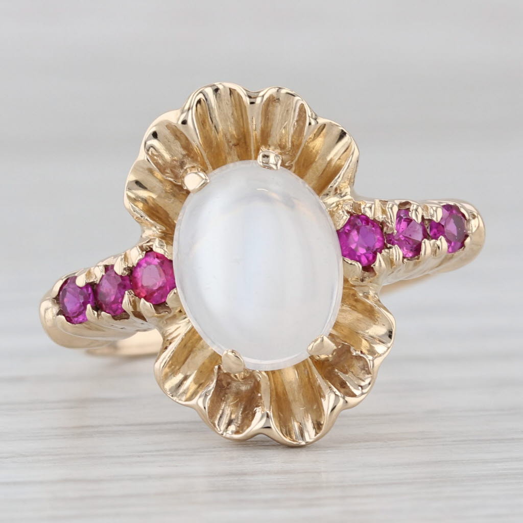 Retro Moonstone Lab Created Ruby Ring 14k Yellow Gold Size 9.75