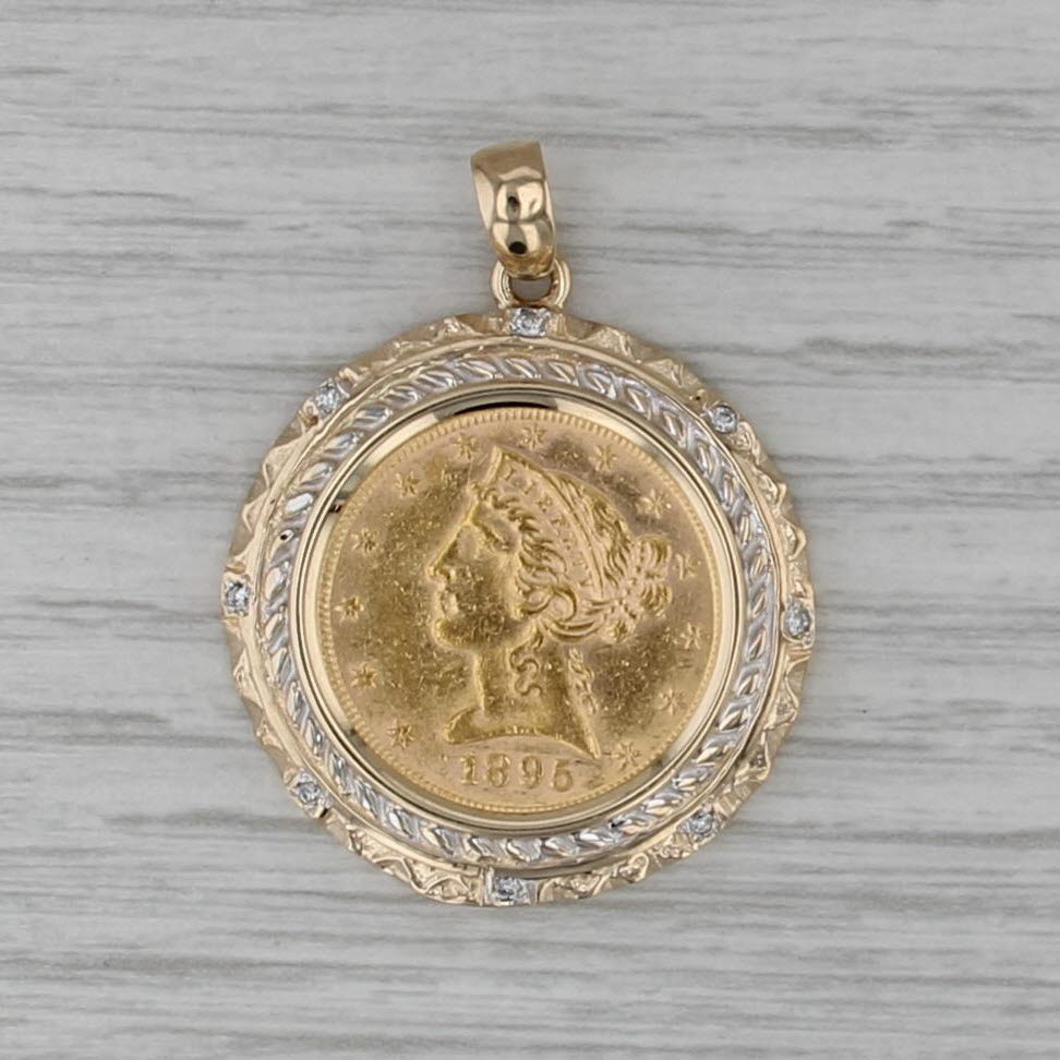 1895 $5 Liberty American Gold Eagle Coin Diamond Bezel Pendant 14k 900 Gold