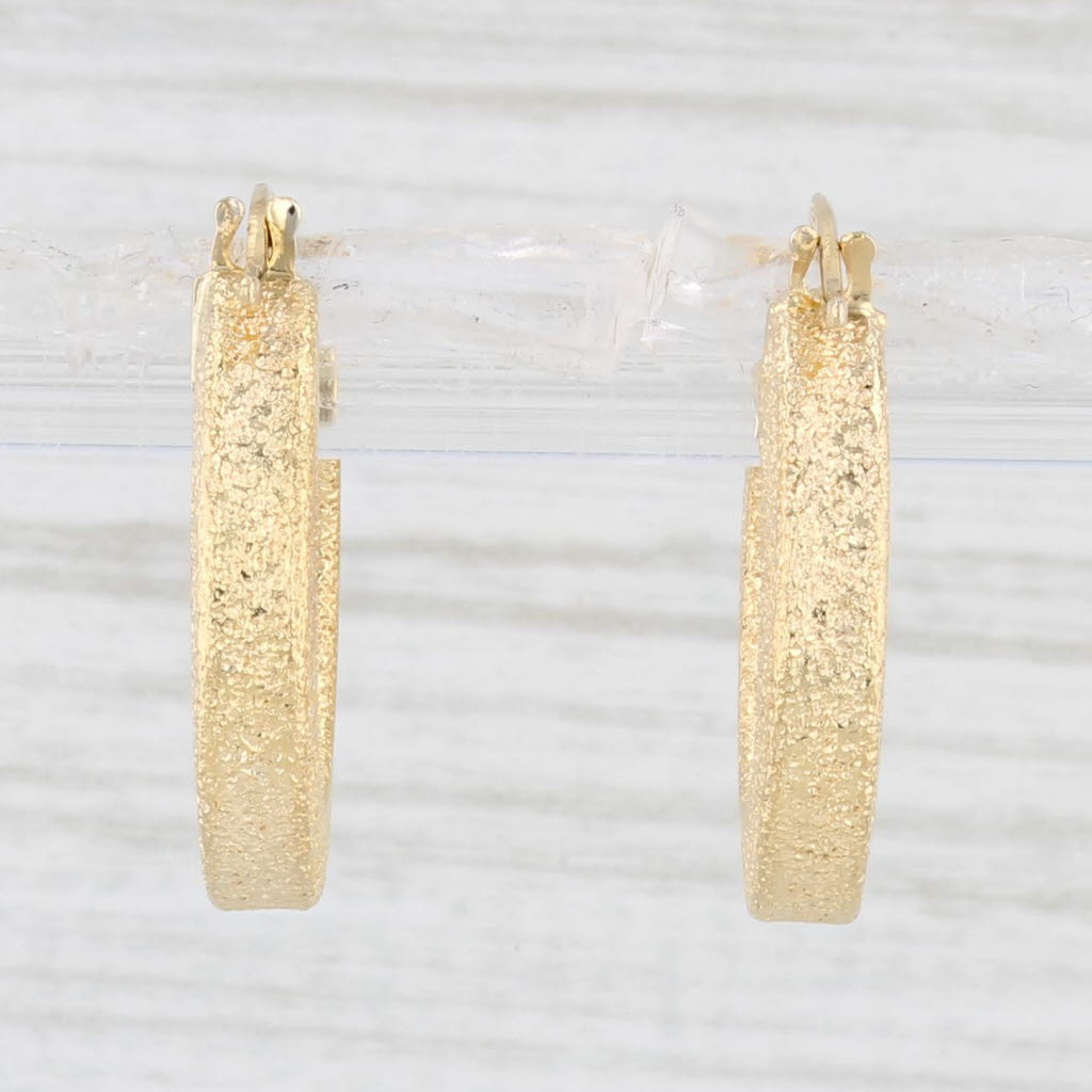 Light Gray Shimmering Brushed Hoop Earrings 14k Yellow Gold Round Hoops Snap Top