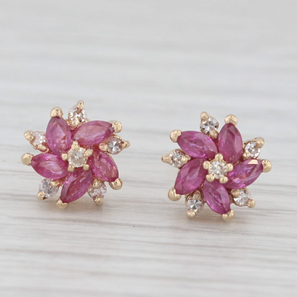 Light Gray 0.72ctw Ruby Diamond Flower Stud Earrings 14k Yellow Gold