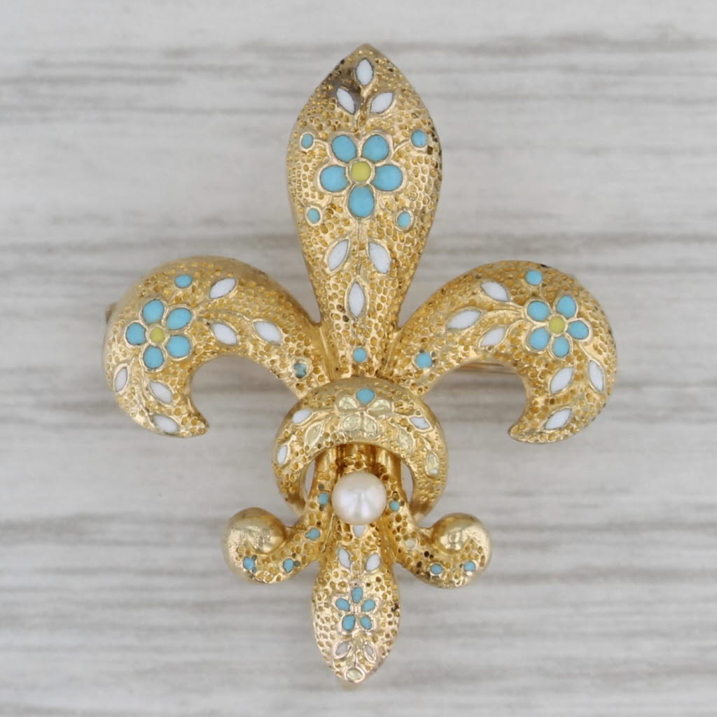 Gray Vintage Ornate Pearl Enamel Fleur De Lis Pin 14k Yellow Gold