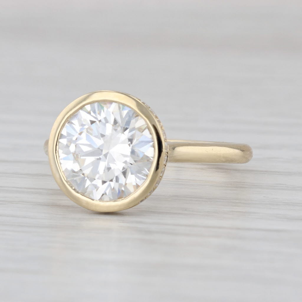 New IGI 3.26ctw Lab Grown Diamond Engagement Ring 14k Gold Round Bezel Set
