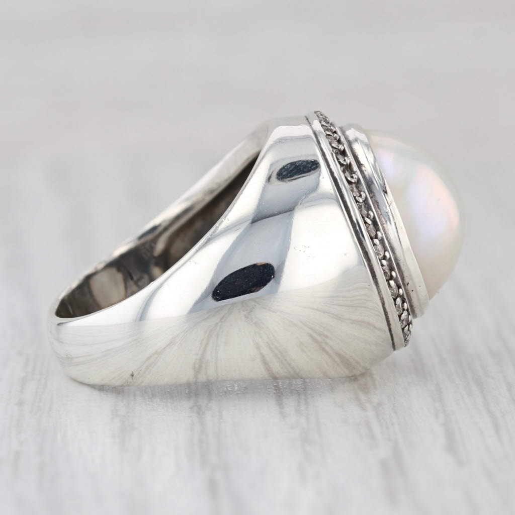 David Yurman Cultured Mabe Pearl Diamond Halo Ring Sterling Silver Size 9