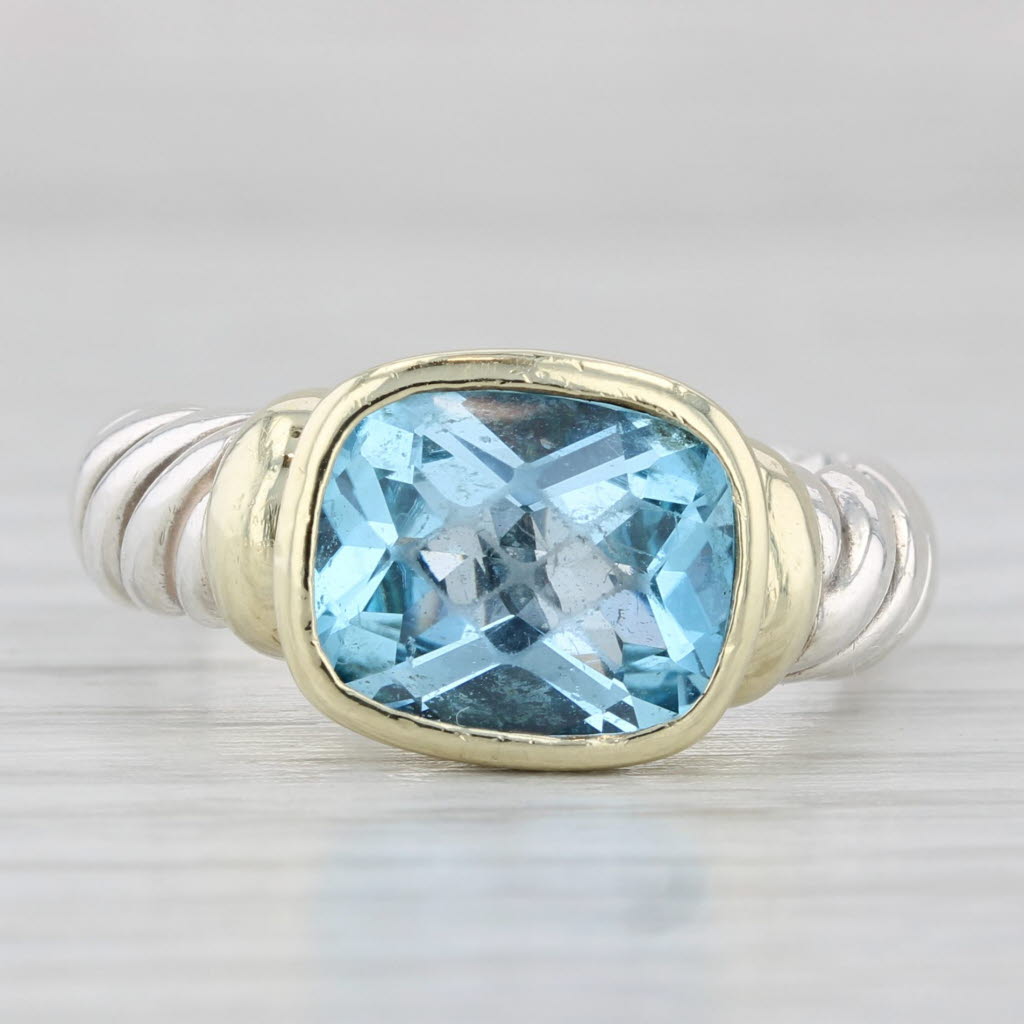 Light Gray 3.25ct Blue Topaz Cable Ring Sterling Silver 14k Gold Size 6.5 David Yurman