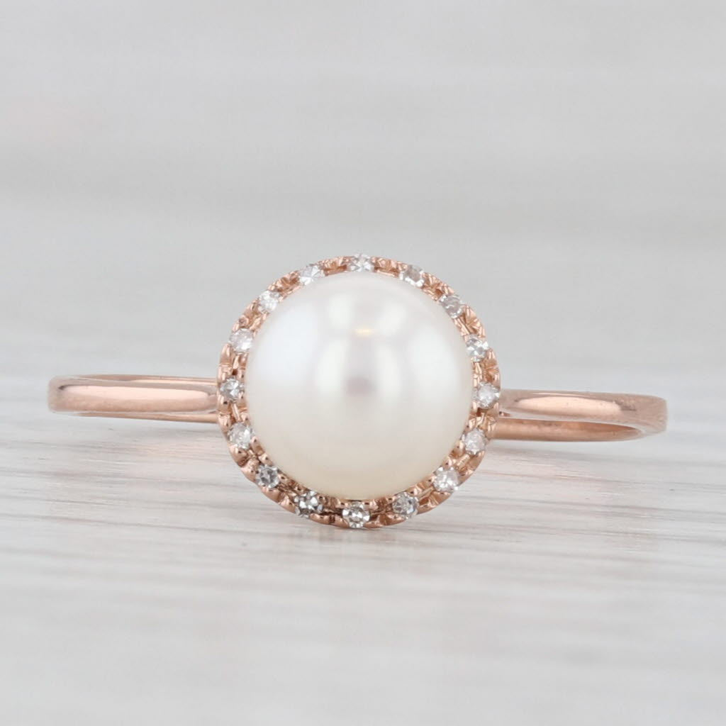 Light Gray Cultured Pearl Diamond Halo Ring 14k Rose Gold Size 7.5
