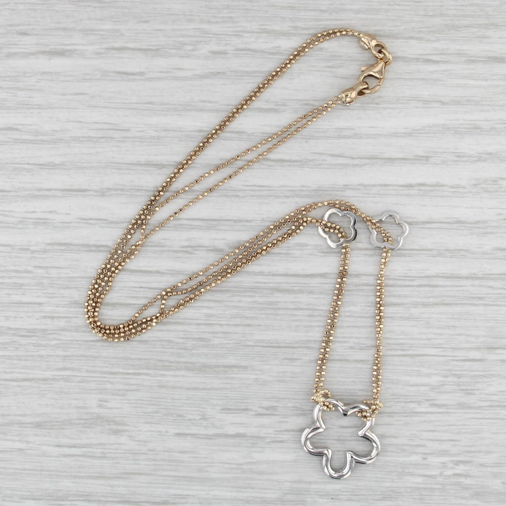 2-Toned Flower Station Bead Chain Necklace 14k Yellow White Gold 16" Floral