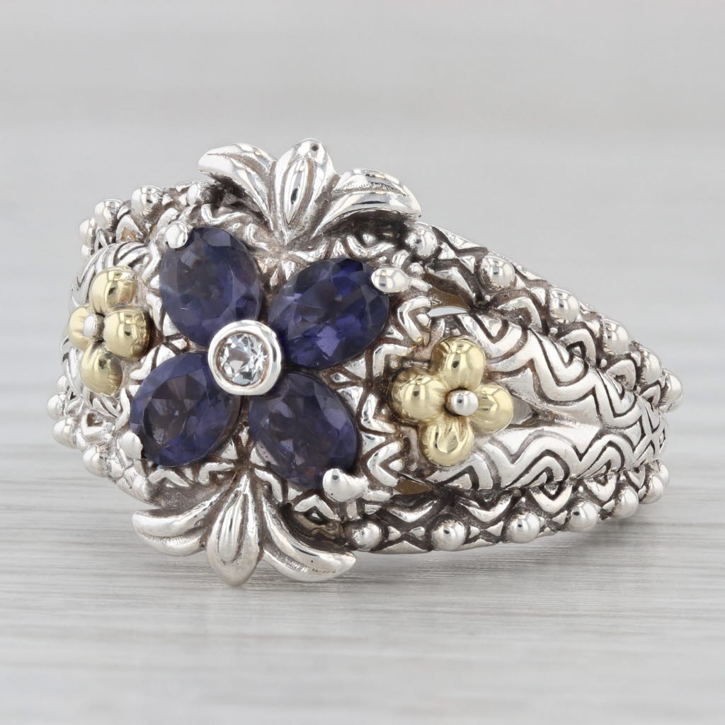 Light Gray Bixby 1.17ctw Iolite Topaz Flower Ring Sterling Silver 18k Gold Sz 9 Statement