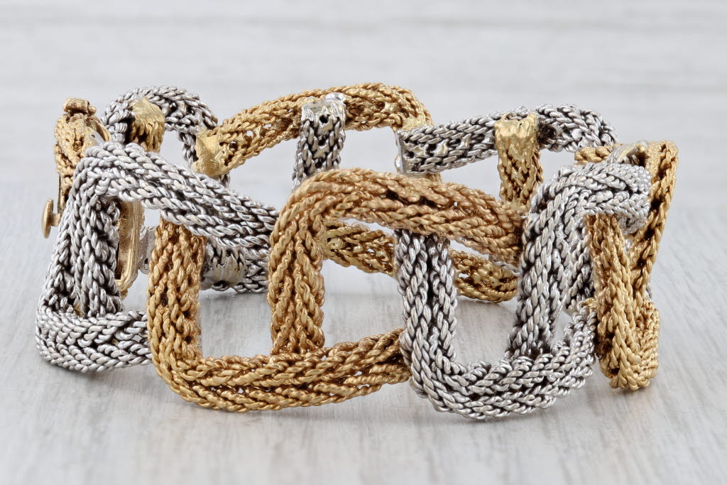 Gray Cartier Woven Yellow White Gold Bracelet w/ Box 18k 6.75" Designer Statement