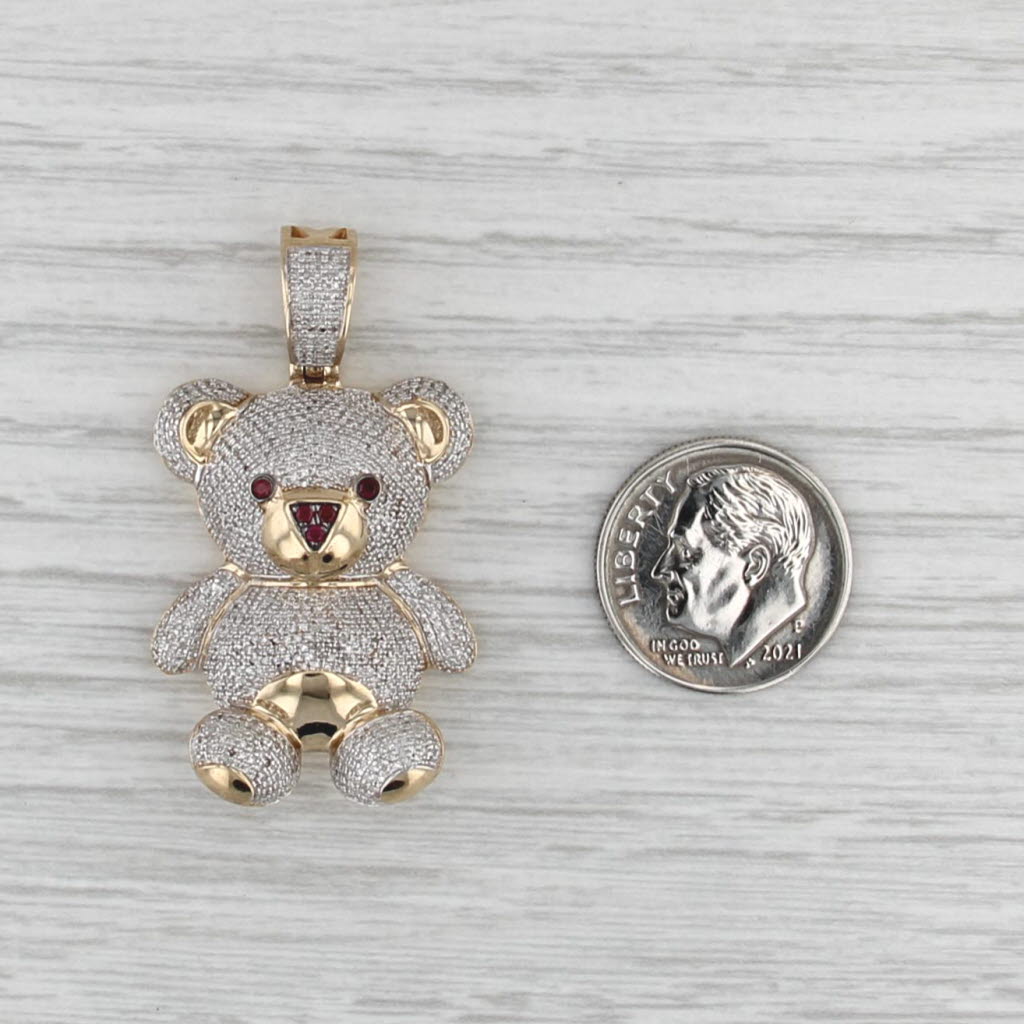 0.66ctw Diamond Ruby Teddybear Pendant 10k Yellow Gold Statement