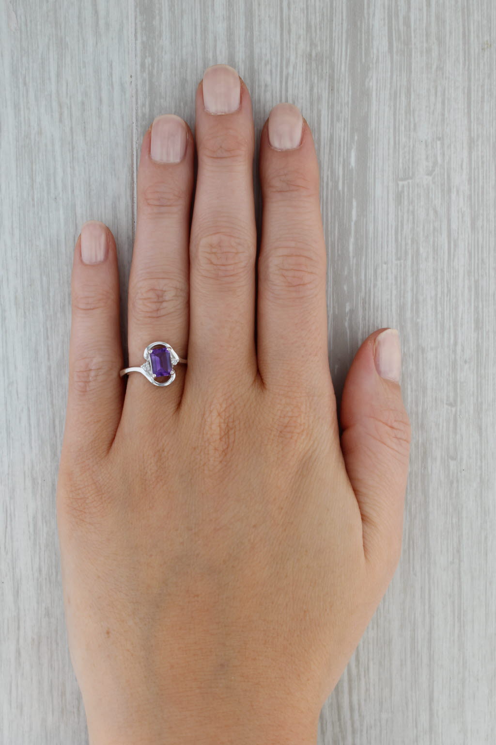 Dark Gray 0.94ctw Amethyst Diamond Ring 14k White Gold Size 6 Bypass