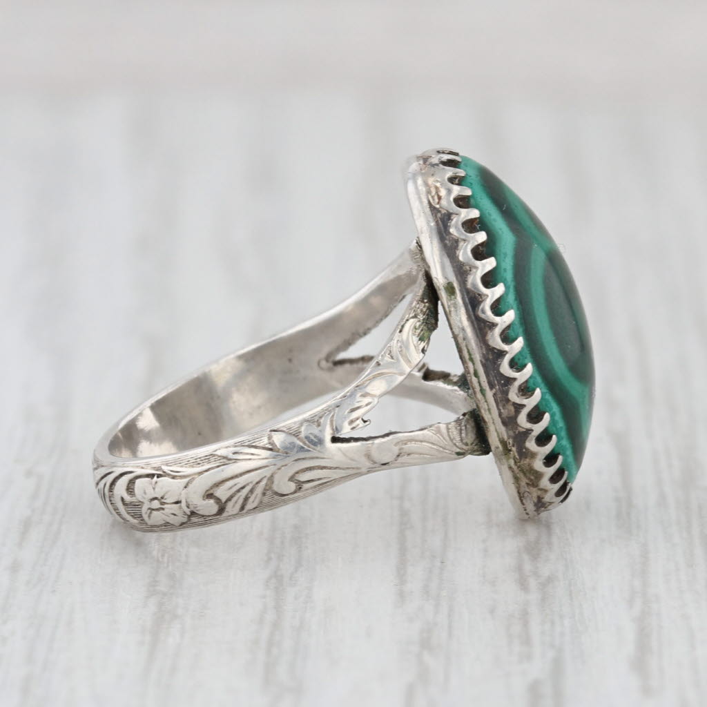 Vintage JH Native American Malachite Ring Sterling Silver Green Oval Cabochon