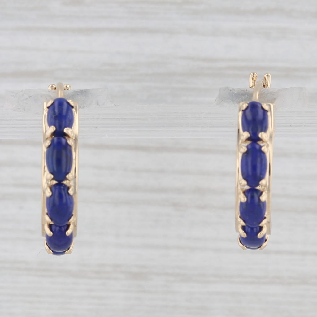 Light Gray Lapis Lazuli Hoop Earrings 14k Yellow Gold Snap Top Round Hoops