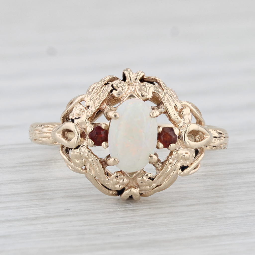 Light Gray Opal Oval Cabochon Garnet Ring 10k Yellow Gold Size 6.5