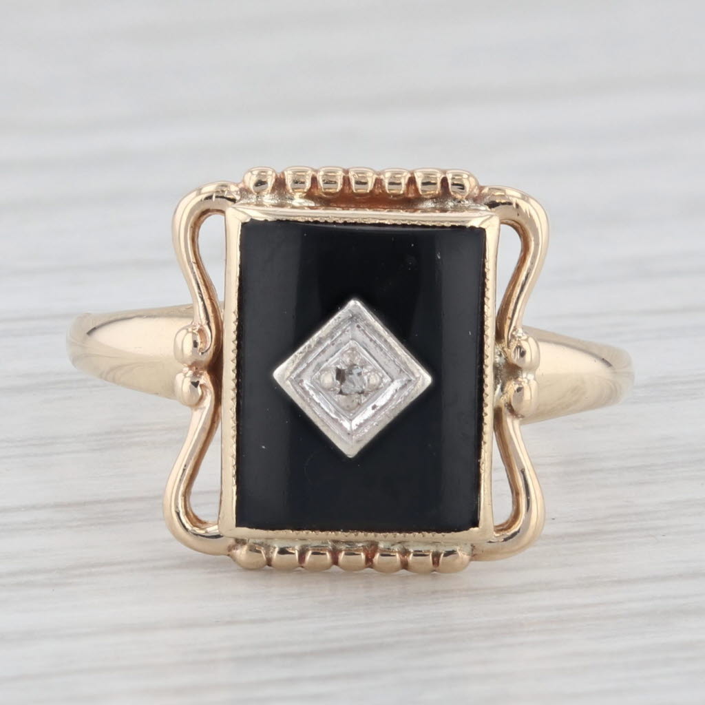 Light Gray Vintage Rectangle Onyx Diamond Signet Ring 10k Yellow Gold Size 6.25