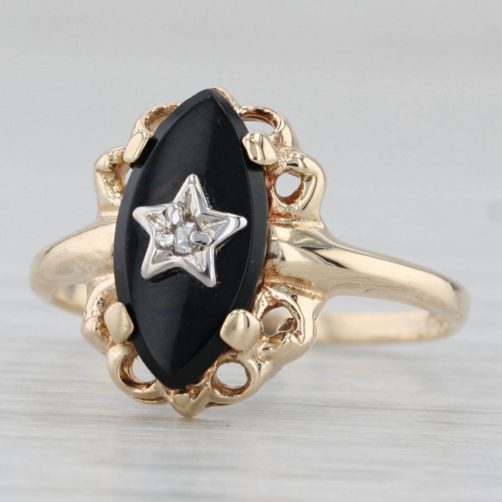 Gray Onyx Diamond Star Signet Ring 10k Yellow Gold Size 5.25 Vintage