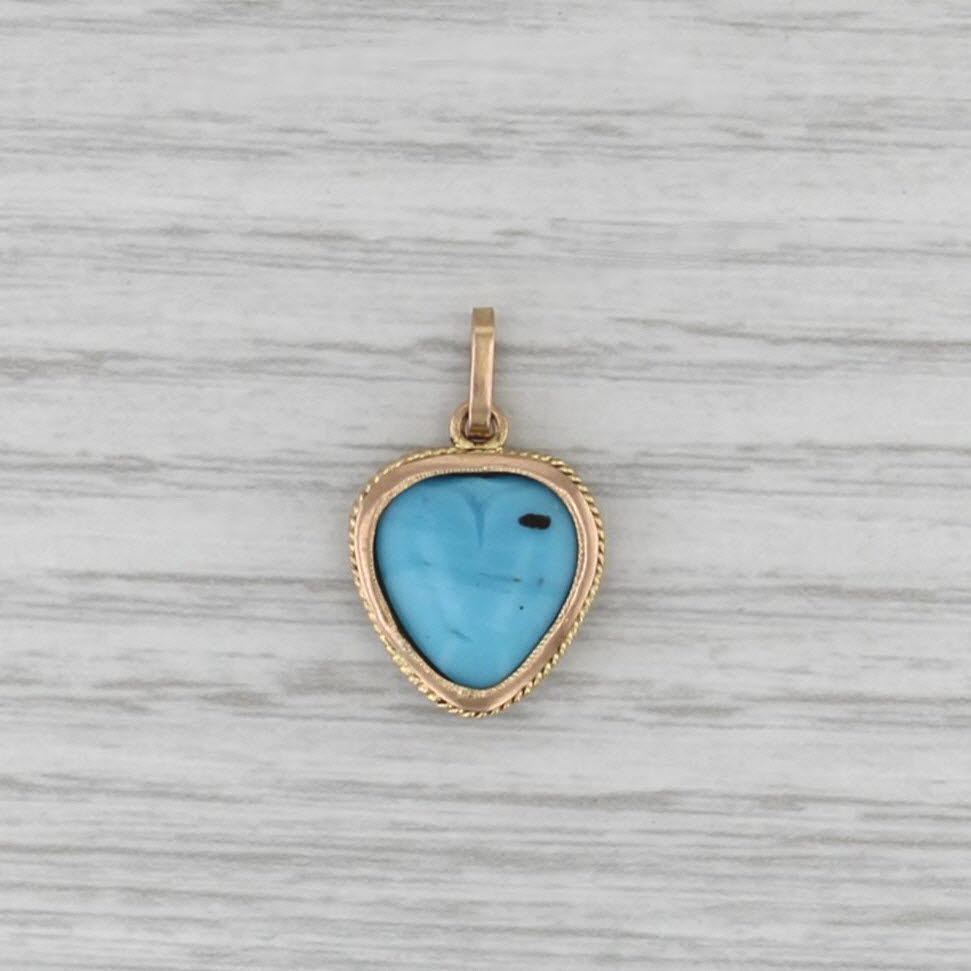 Blue Molded Glass Cabochon Heart Pendant Necklace 14k Yellow Gold Charm