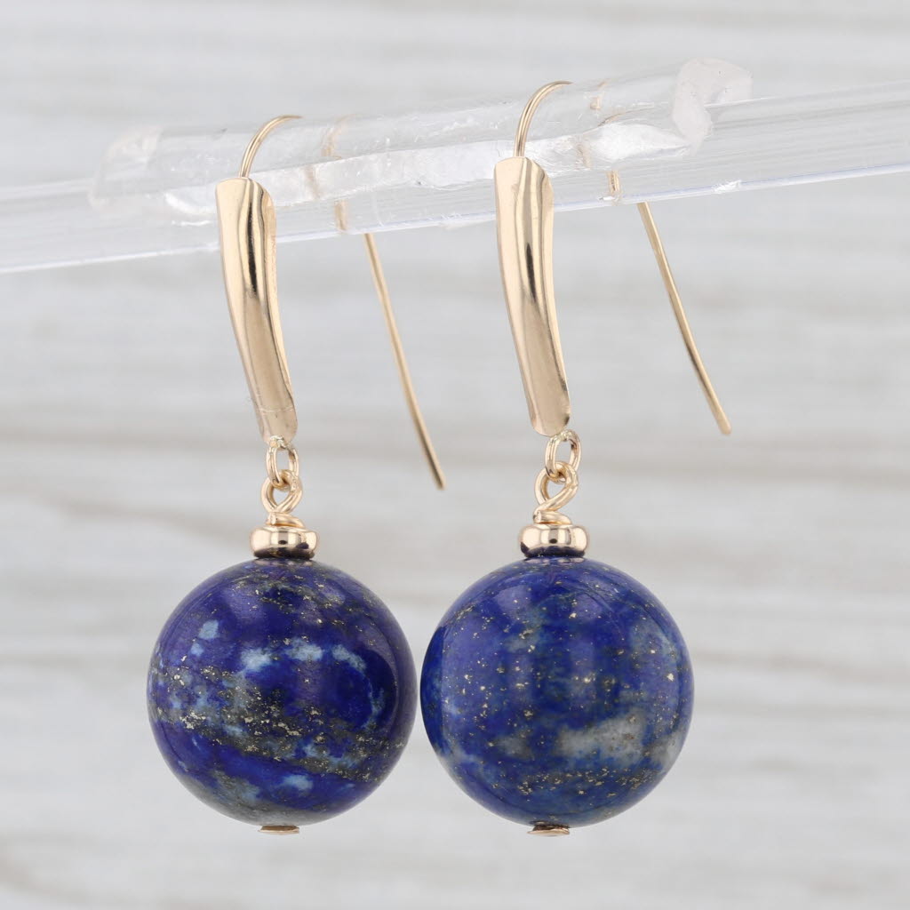 Blue Lapis Lazuli Bead Drop Earrings 14k Yellow Gold Hook Post Dangles
