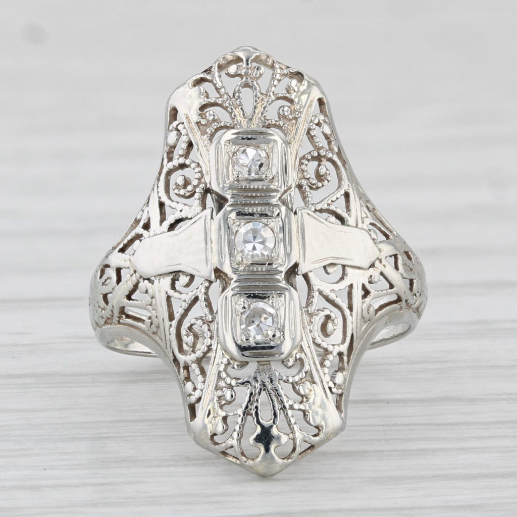 Light Gray Vintage VS2 Diamond Filigree Ring 14k White Gold Size 2.75