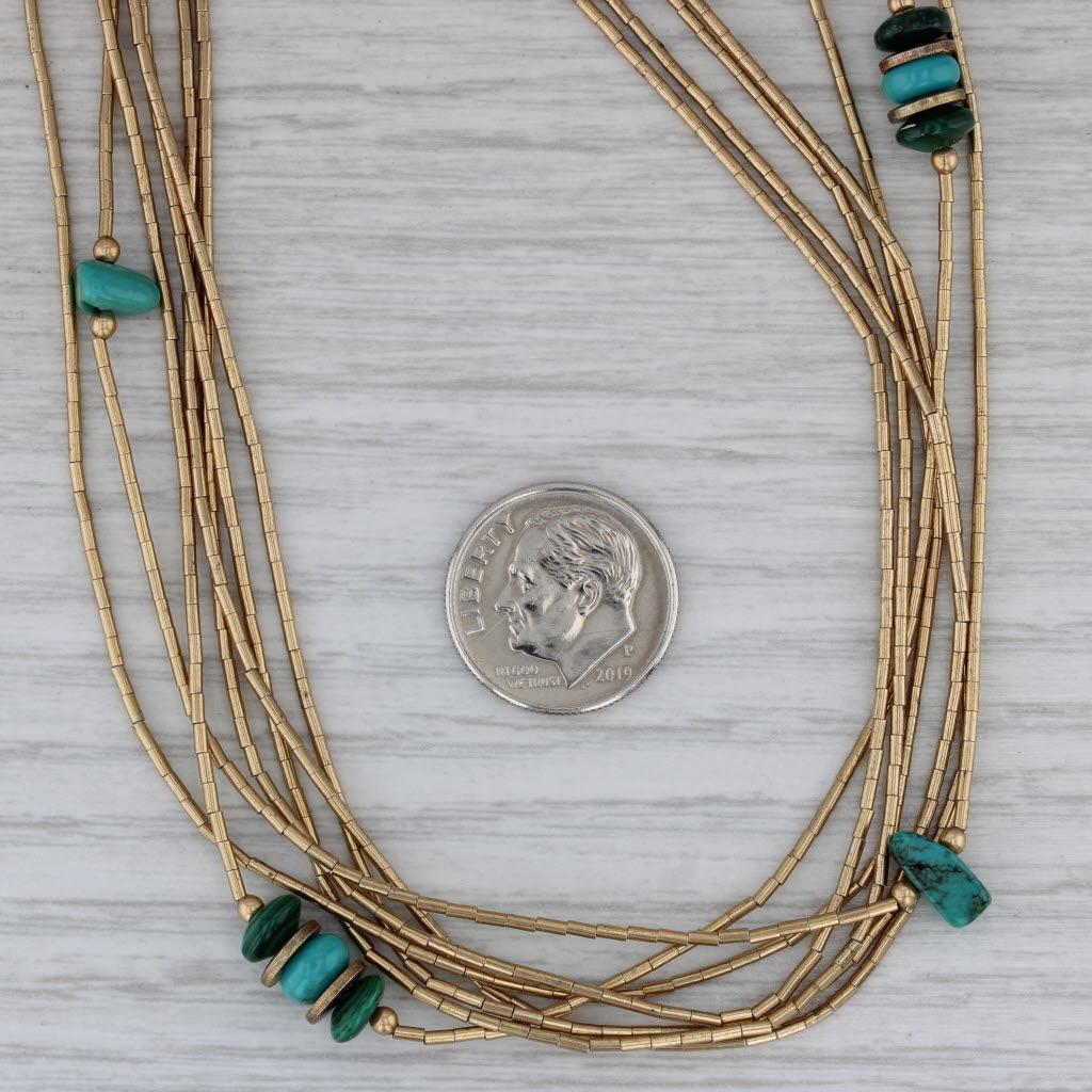 Dark Gray Turquoise Malachite Liquid Silver Bead Chain Necklace Sterling Gold Plated 25"