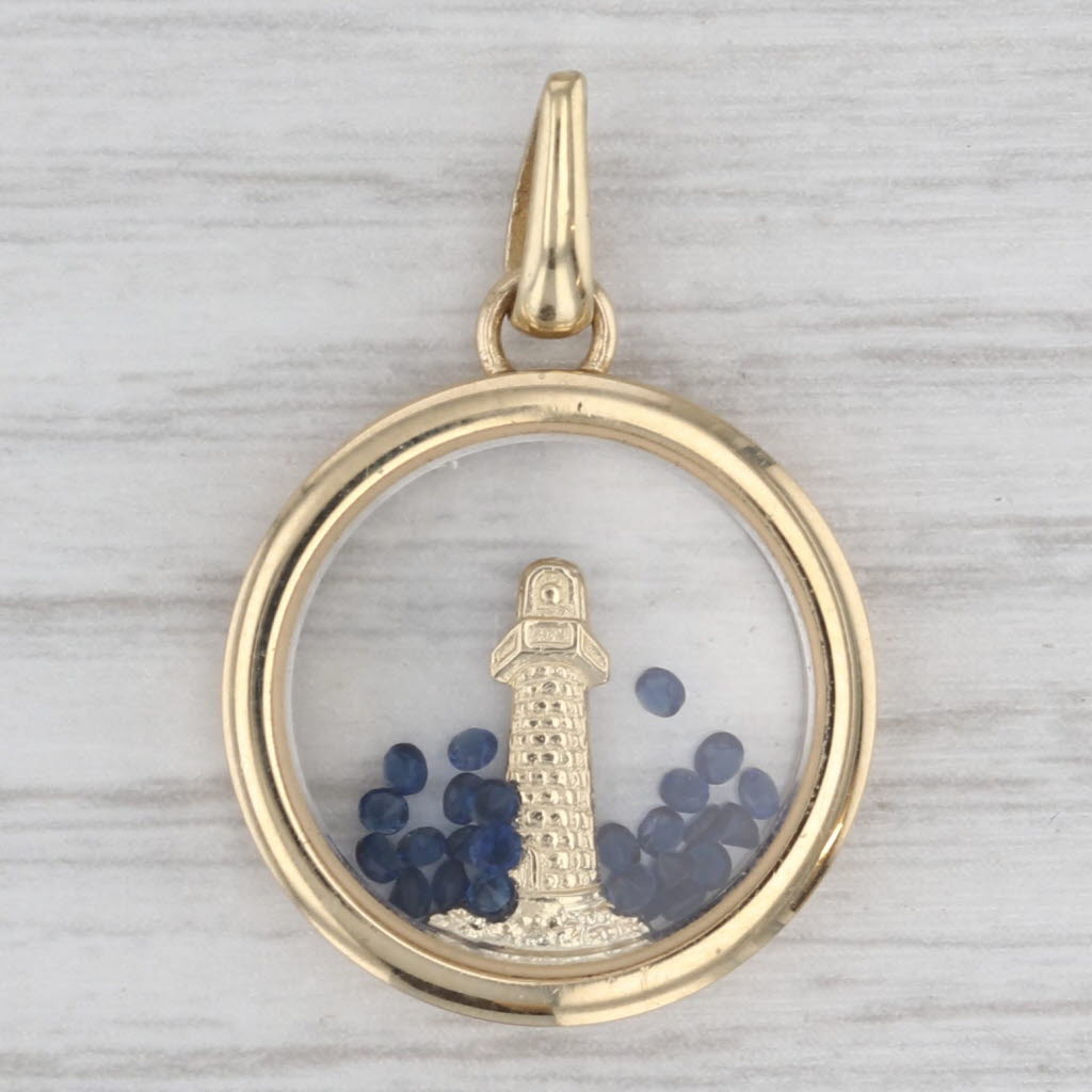 Lab Created Blue Sapphire Lighthouse Snow Globe Pendant 14k Gold Nautical