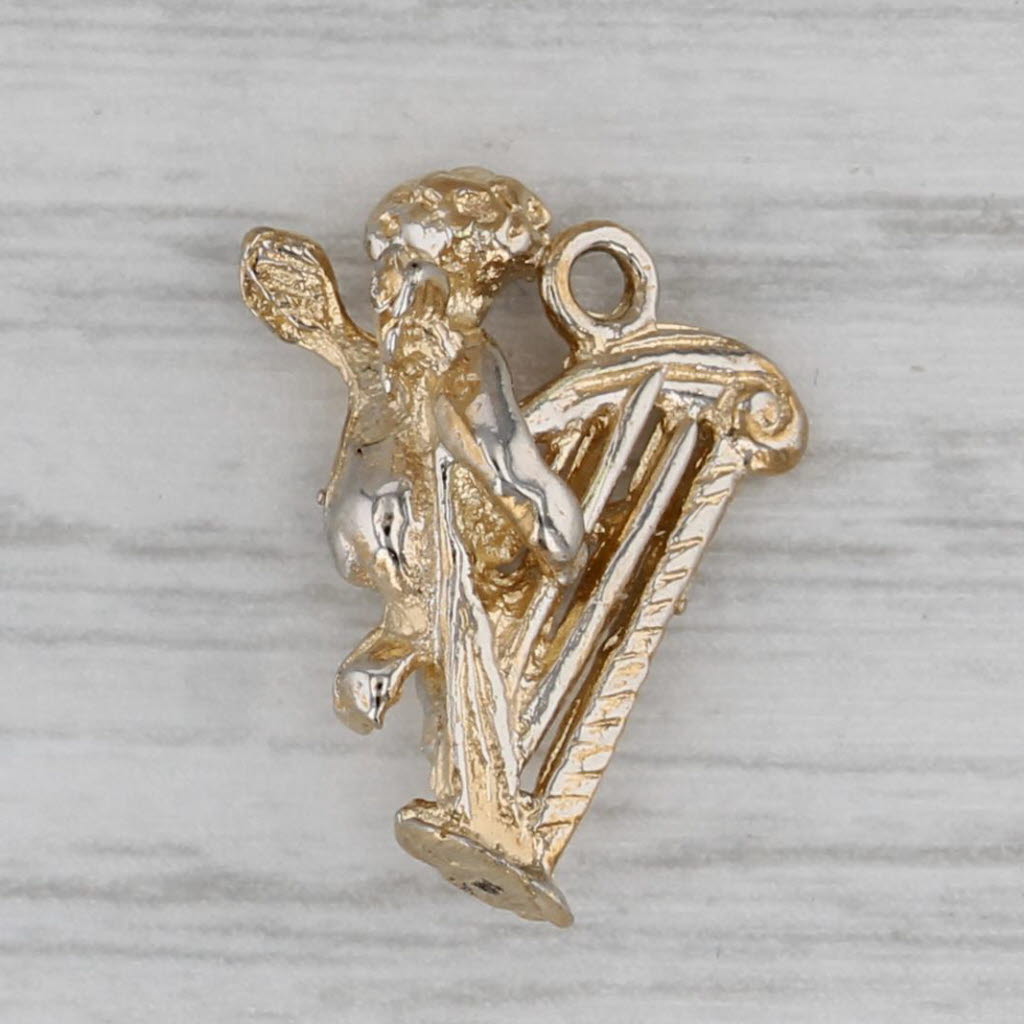 Gray Cherub Angel Playing Harp Charm 14k Yellow Gold Pendant