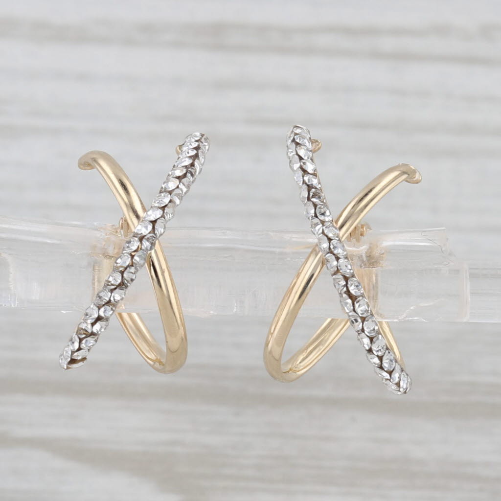 Cubic Zirconia Crossover Hoop Earrings 14k Yellow Gold Snap Top Hoops