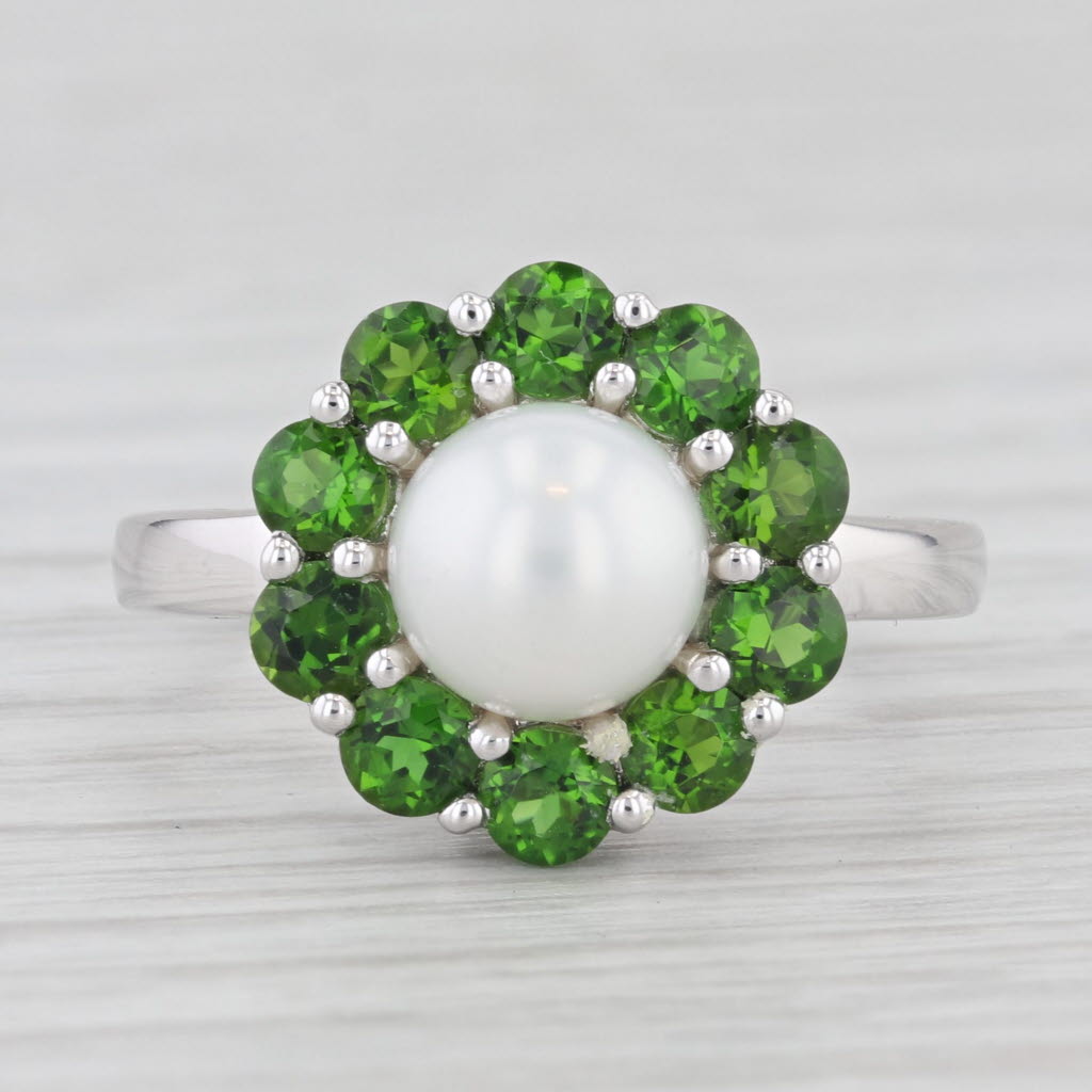 Light Gray Cultured Pearl Green Chrome Diopside Halo Ring 10k White Gold Size 7