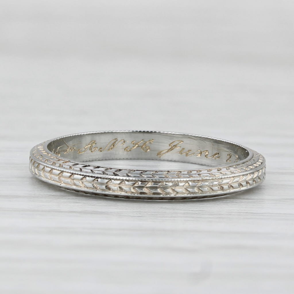 Light Gray Art Deco 1913 Antique Wheat Pattern Band 18k White Gold Size 5.5 Wedding Ring