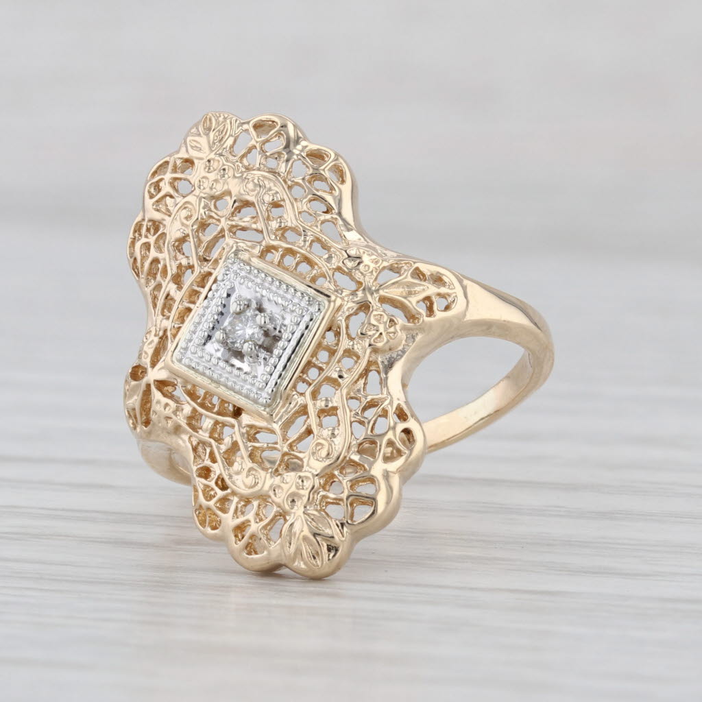 Vintage Filigree Diamond Ring 10k Yellow Gold Size 8.5