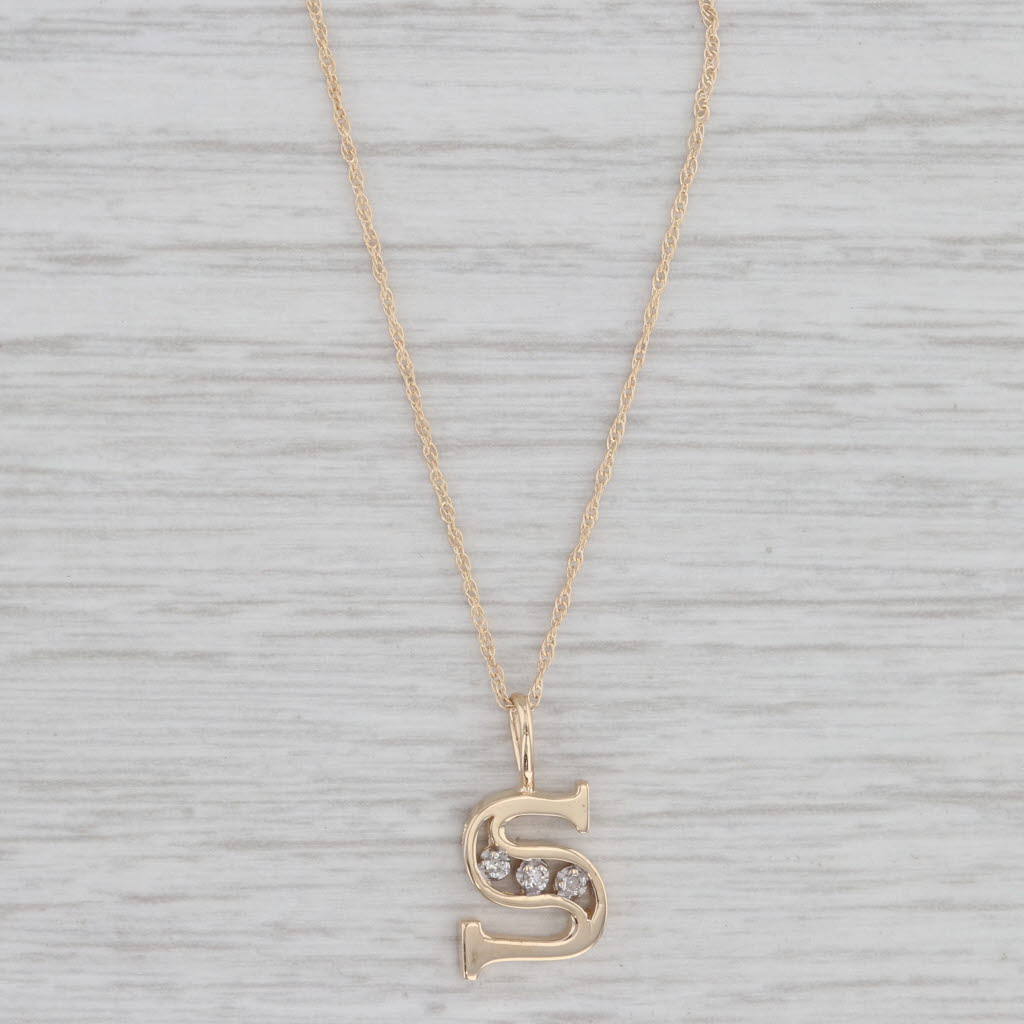 Gray Diamond Letter Initial S Pendant Necklace 14k Yellow Gold 17" Rope Chain