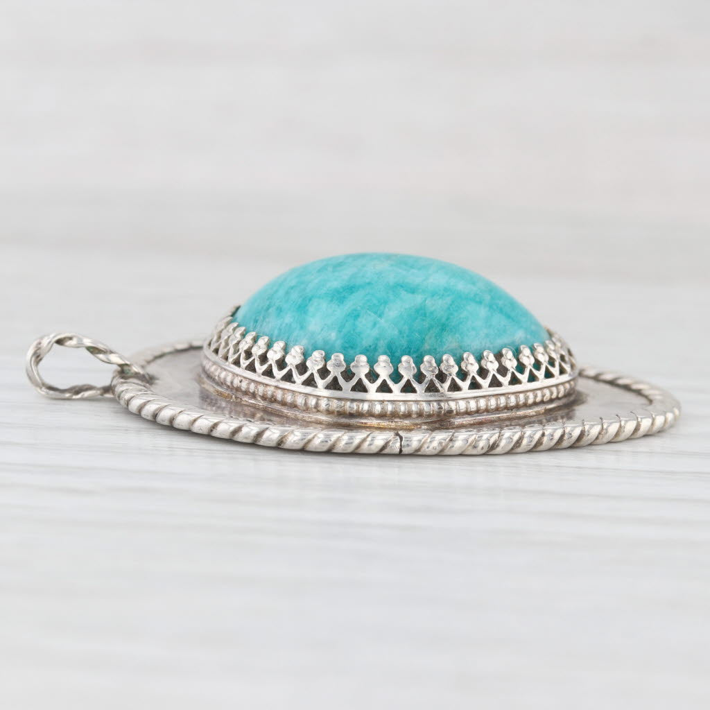 Light Gray Amazonite Pear Cabochon Pendant Sterling Silver Vintage Native American Signed
