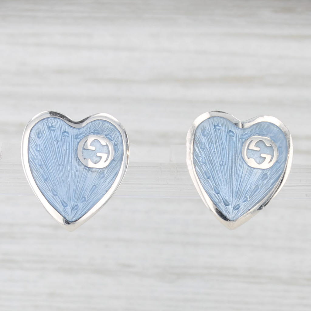 Light Gray Gucci Blue Enamel Heart Stud Earrings Sterling Silver